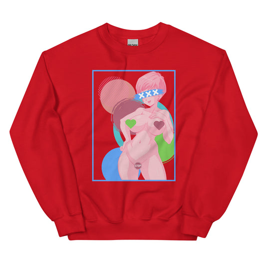 DBZ Bulma Nude almost NSFW Artsy showing boobs thighs and pussy censored Fan Art on a Red Sweater